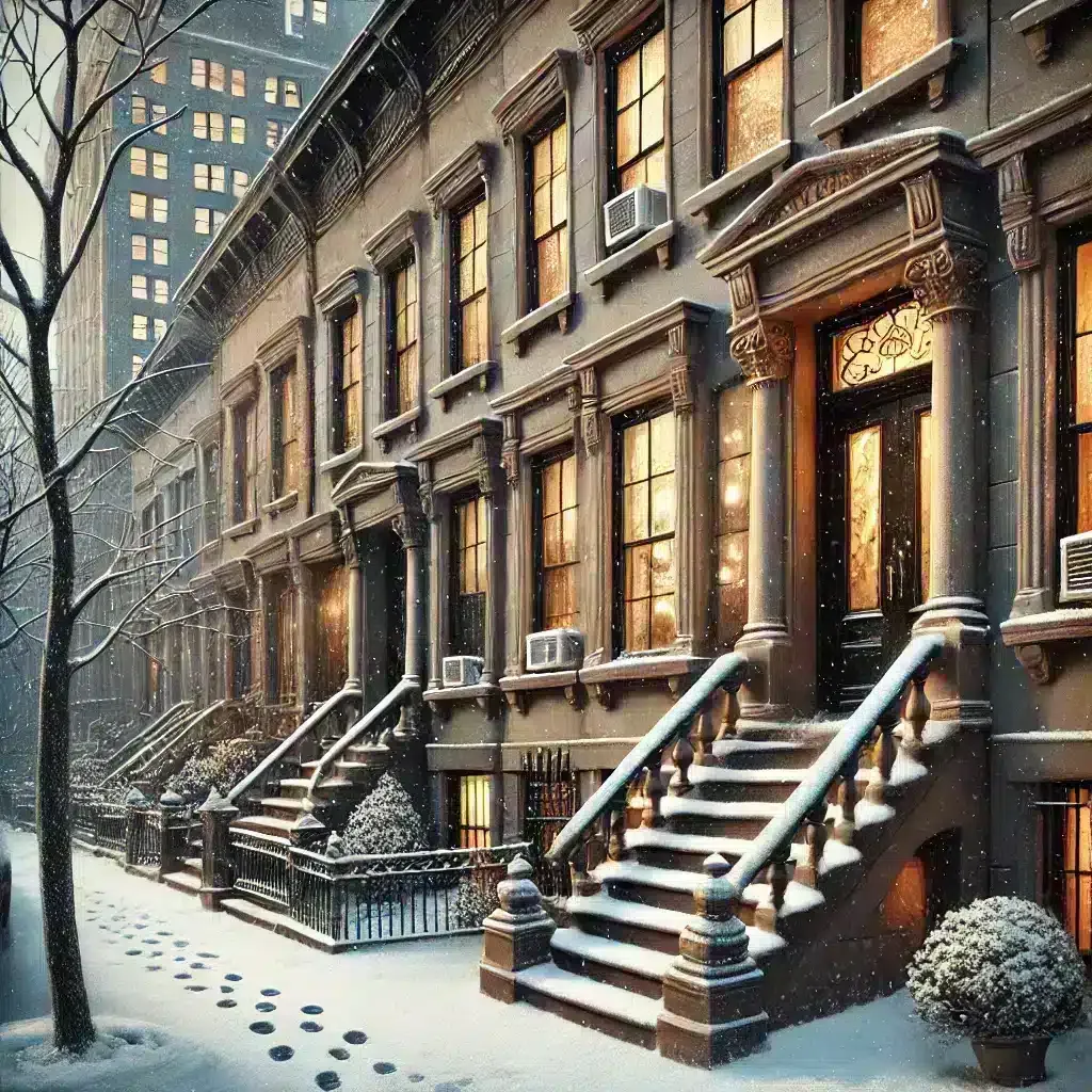 Classic New York brownstone home in winter.
